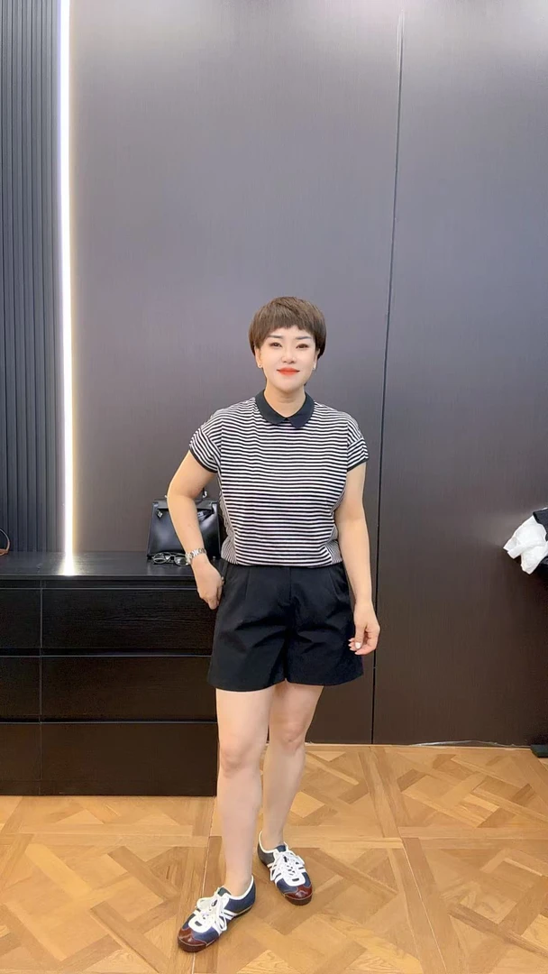 条纹常规POLO领短袖老钱风T恤潮流夏季背心宽松圆领02079