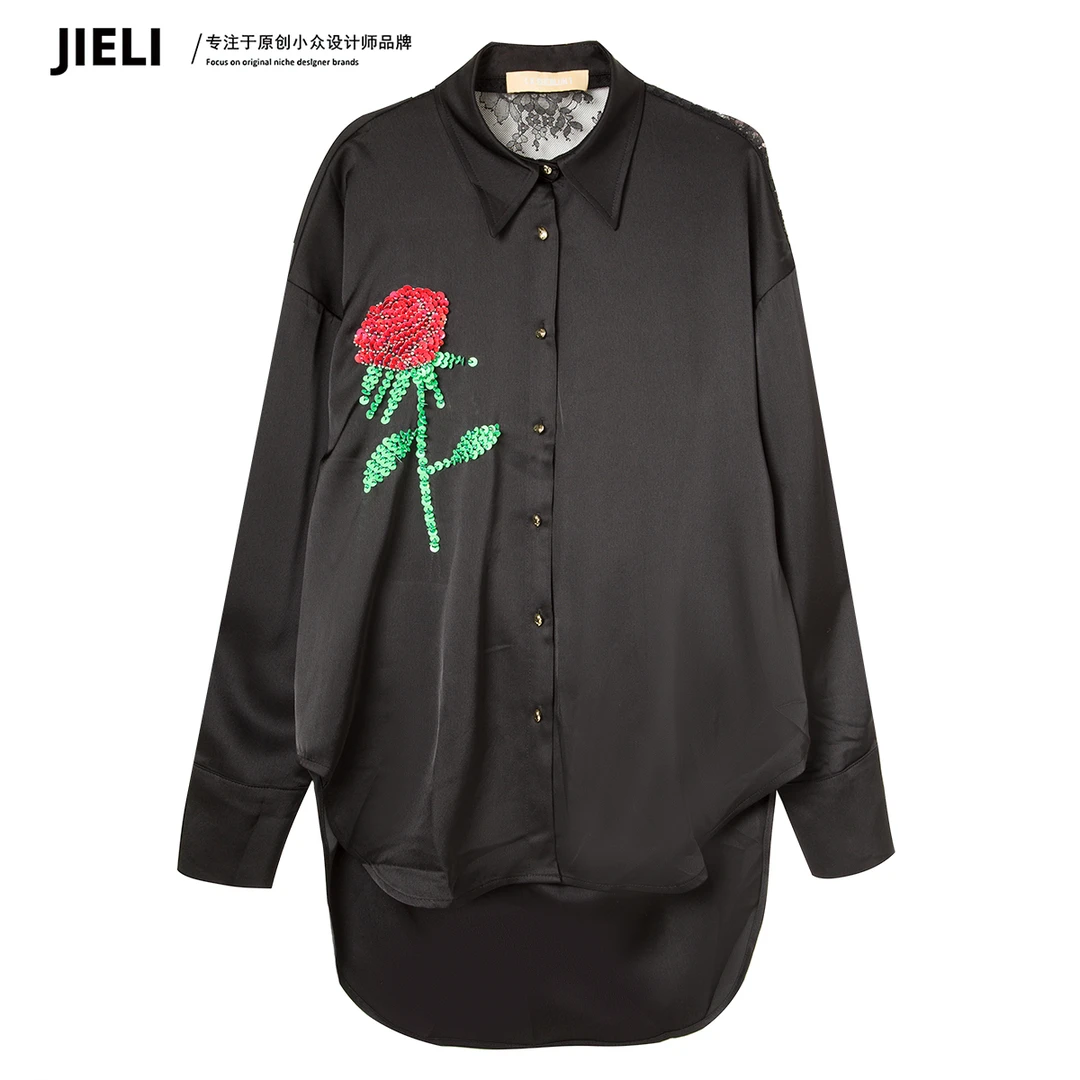 JIE LI/街力设计师高级感简约宽松黑色衬衫女W701