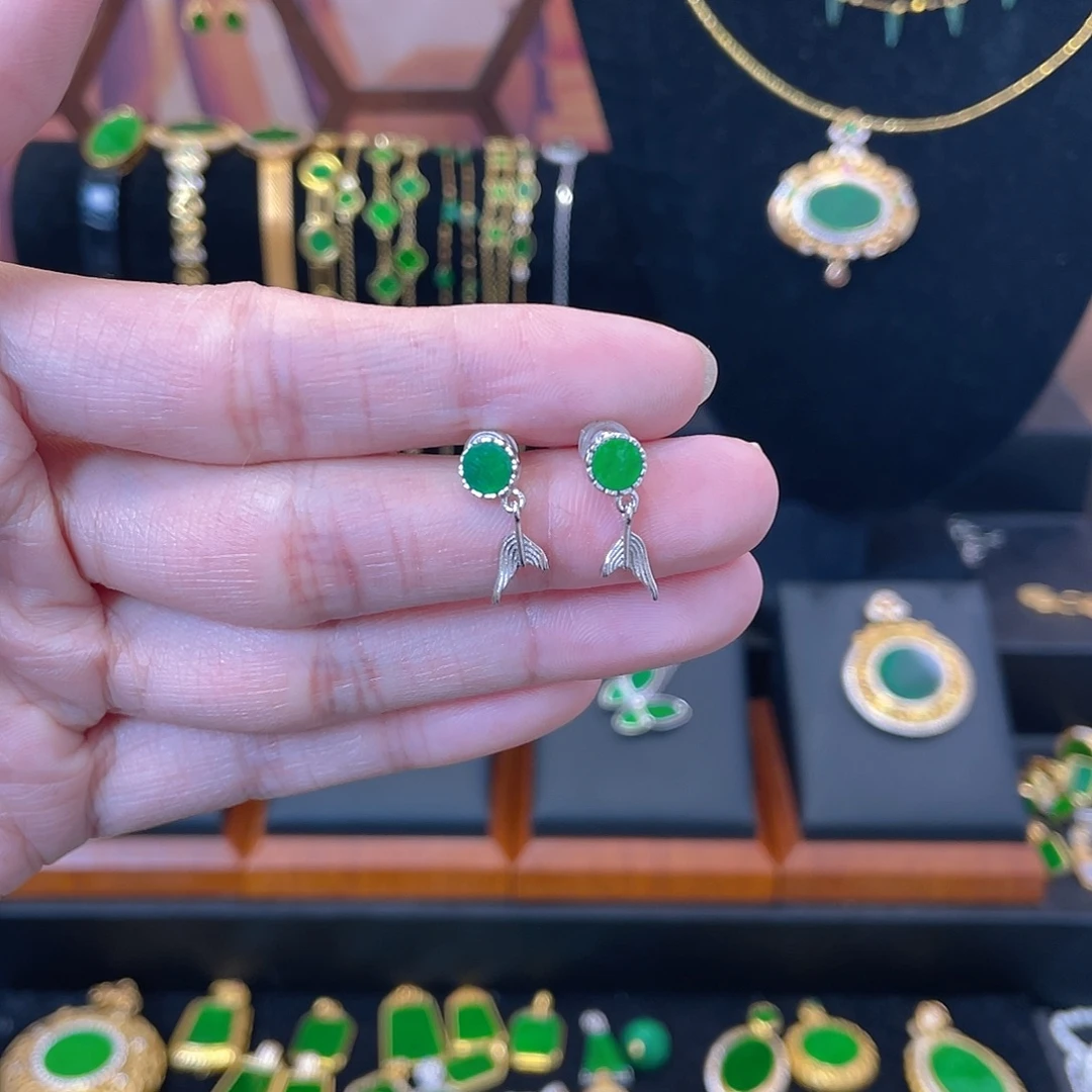 翡翠银S925镀金镶嵌耳饰