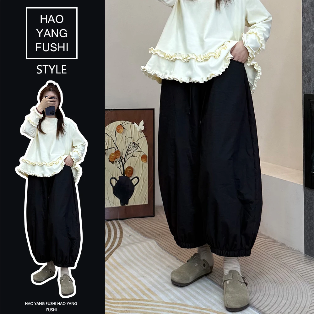 新款时尚洋气百搭女装日系夹棉灯笼棉裤森系宽松裤保暖棉裤K7358