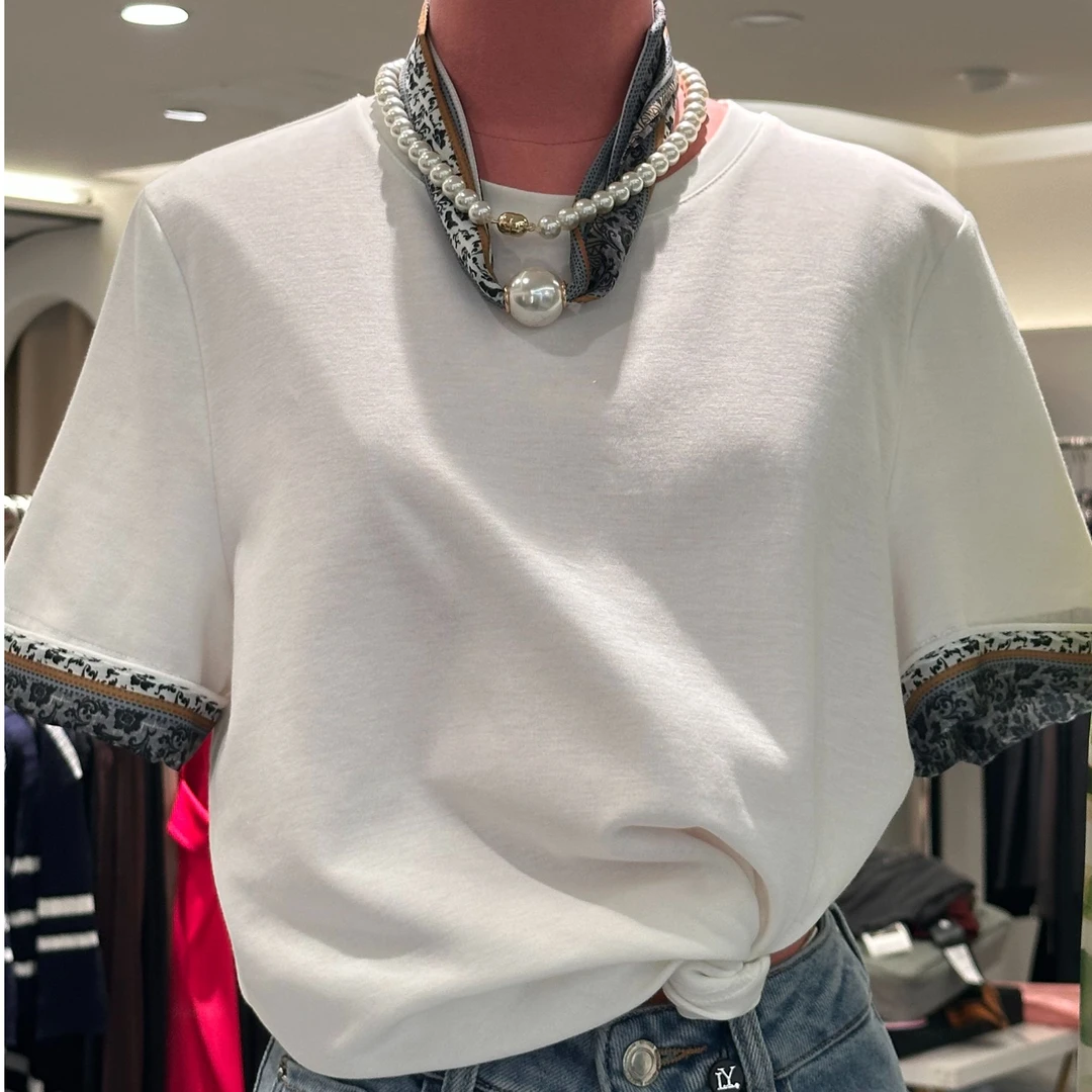 修身宽松型设计师T恤通勤圆领百搭常规针织ol短袖女士拼接