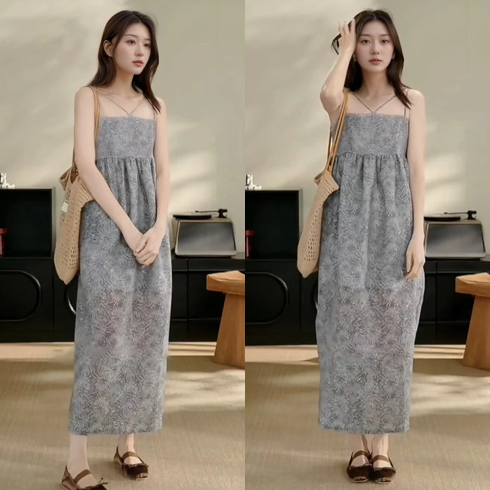 新款时尚董洁同款设计感小众露背提花刺绣抹胸吊带花苞连衣裙女