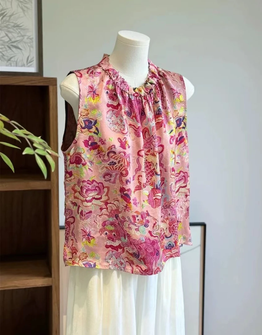 夏季木耳边无袖背心甜美减龄女时尚印花花边领T恤2409（B20-2）