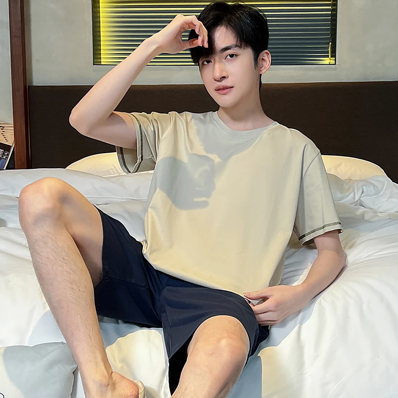 夏季加肥加大码短袖睡衣套装运动韩版夏天男士莫代尔棉家居服宽松