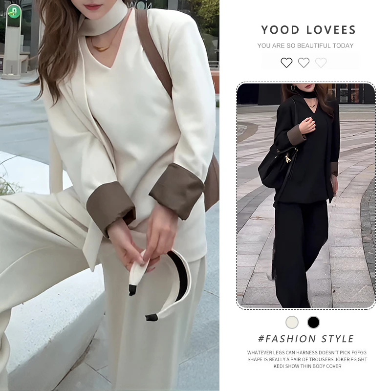 韩系慵懒套装女2025春秋新款高级感系带收腰上衣显瘦阔腿裤套装女