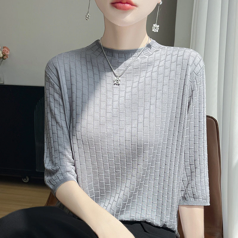 夏季中袖针织衫气质高端韩版针织半袖时尚百搭宽松减龄立领中袖女
