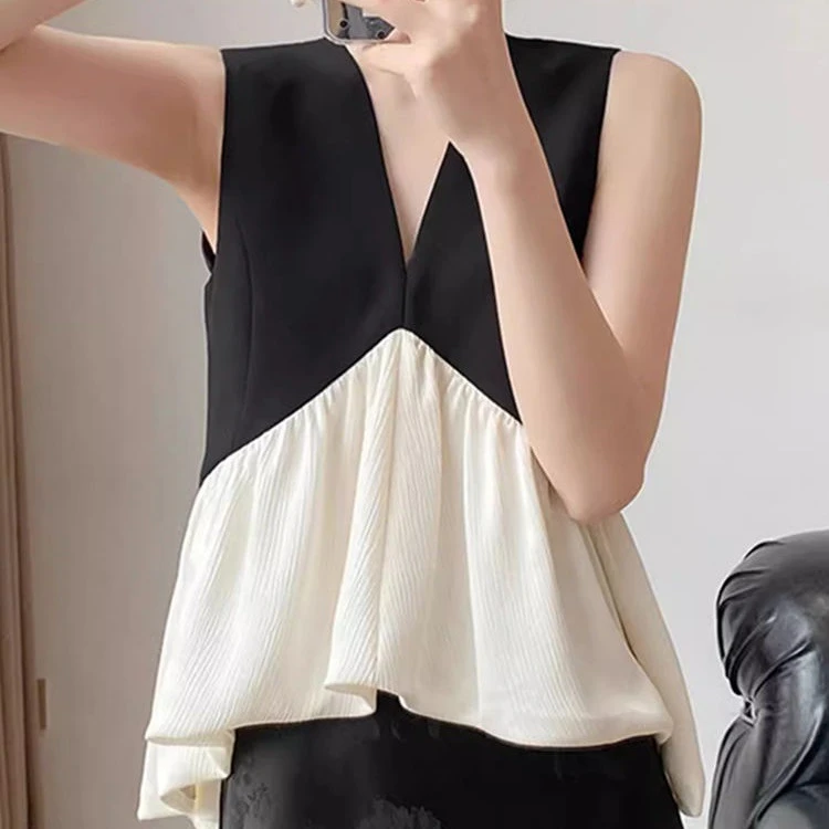 新款夏日宽松无袖拼色上衣女高级感洋气时尚外套2025潮流通勤显瘦