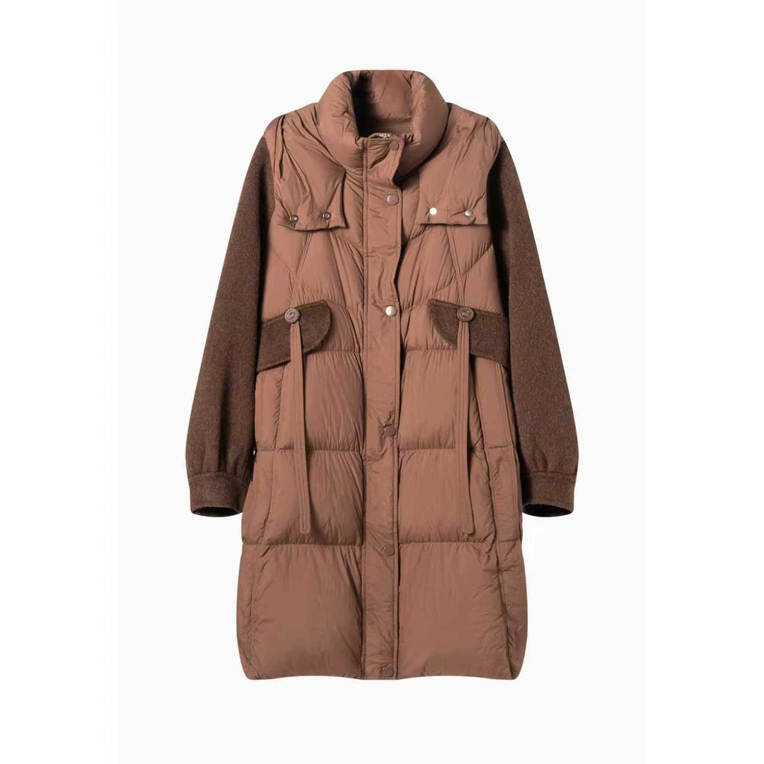 2025年新款秋冬女士时尚拼接大衣山系复古中长款连帽羽绒服6005