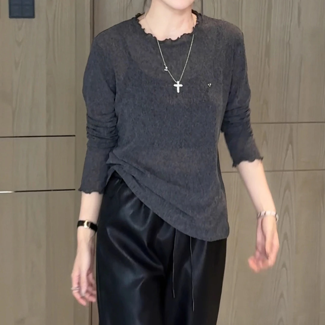 双11设计感木耳边圆领长袖t恤女2025早秋胖MM宽松内搭打底衫上衣