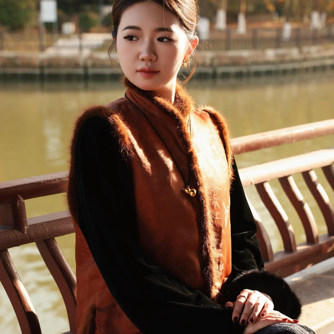 【花满林】立领提花双口袋拼水水桑蚕丝加厚马夹247215