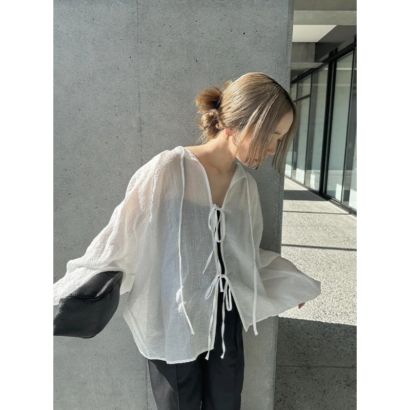 【六哥家】 夏季新款 S 宽松慵懒正反两穿系带透视衬衫