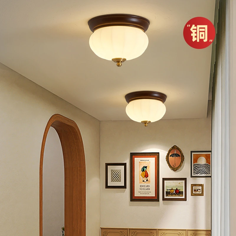 全铜实木过道吸顶灯美式复古简约走廊玄关阳台门厅led灯中山灯具