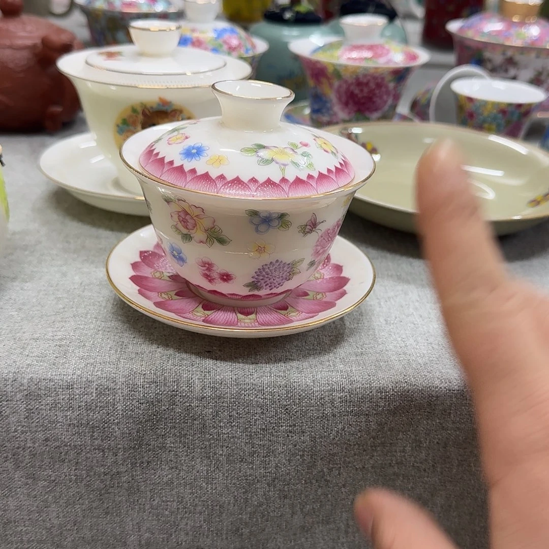 杯子陶蝶恋花三才盖碗一个