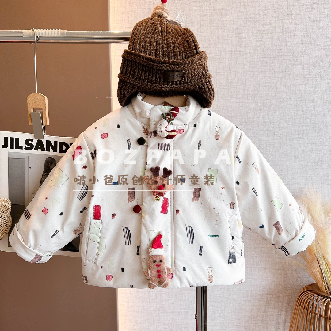 啵小爸【欢乐氛围】2025年冬季新款男童圣诞风碎花印花加绒棉服外套