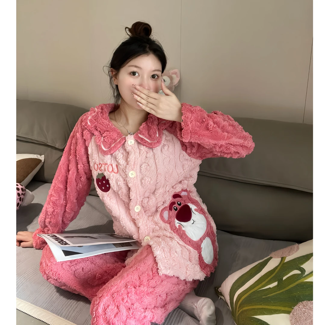 秋冬新款睡衣女款珊瑚绒加绒加厚可爱ins少女毛绒家居服