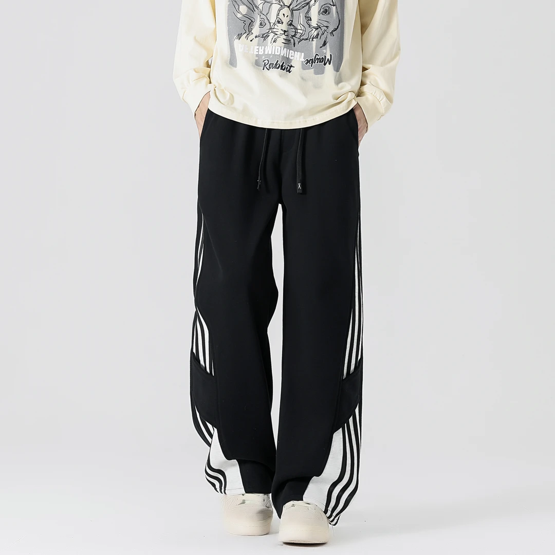 美式潮牌重磅弯刀阔腿卫裤男款2025春秋季宽松条纹休闲百搭长裤子