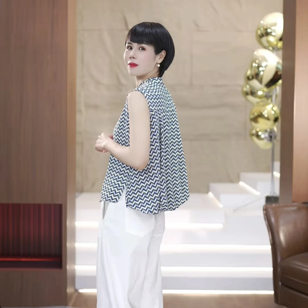 【渲渲推荐】DF-02083夏季减龄款无袖文艺显瘦格子条纹衬衣