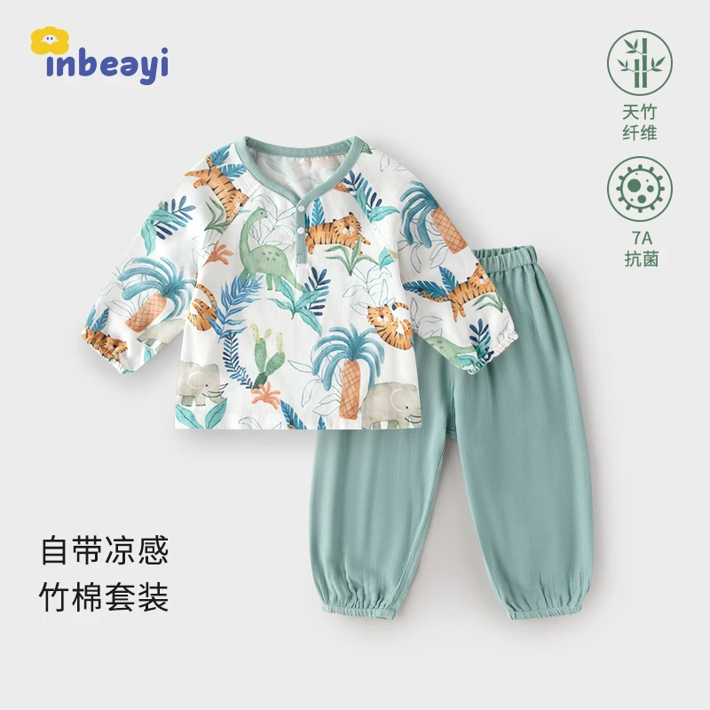 婴蓓依儿童睡衣套装夏男孩春秋家居服女宝宝睡裤中小童纱布空调服