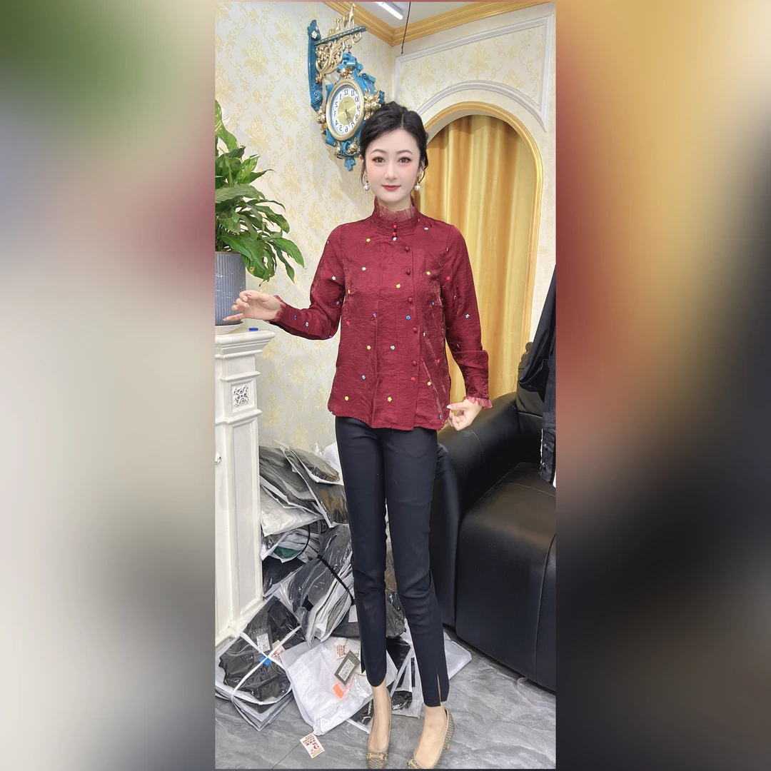1107）雅伊裳品家2025年斜襟薄款上衣提花中式翻领圆领衬衣长袖