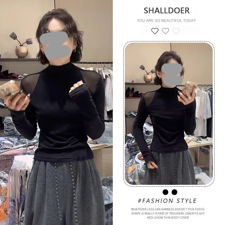 2025秋季韩版纯欲风网纱露肩打底纯色性感女上衣设计潮流女