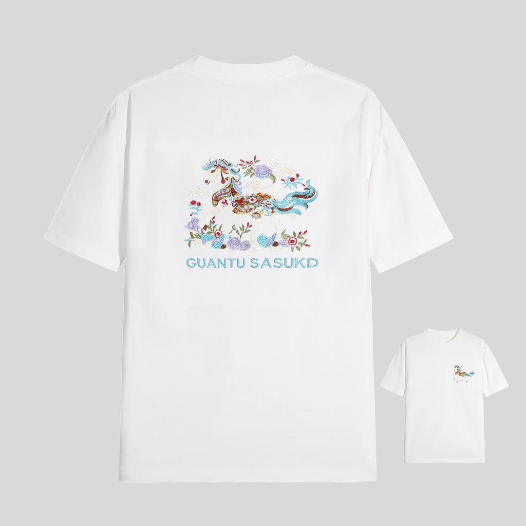 【花1】夏季短袖国风轻奢马踏祥云刺绣圆领T恤 y318