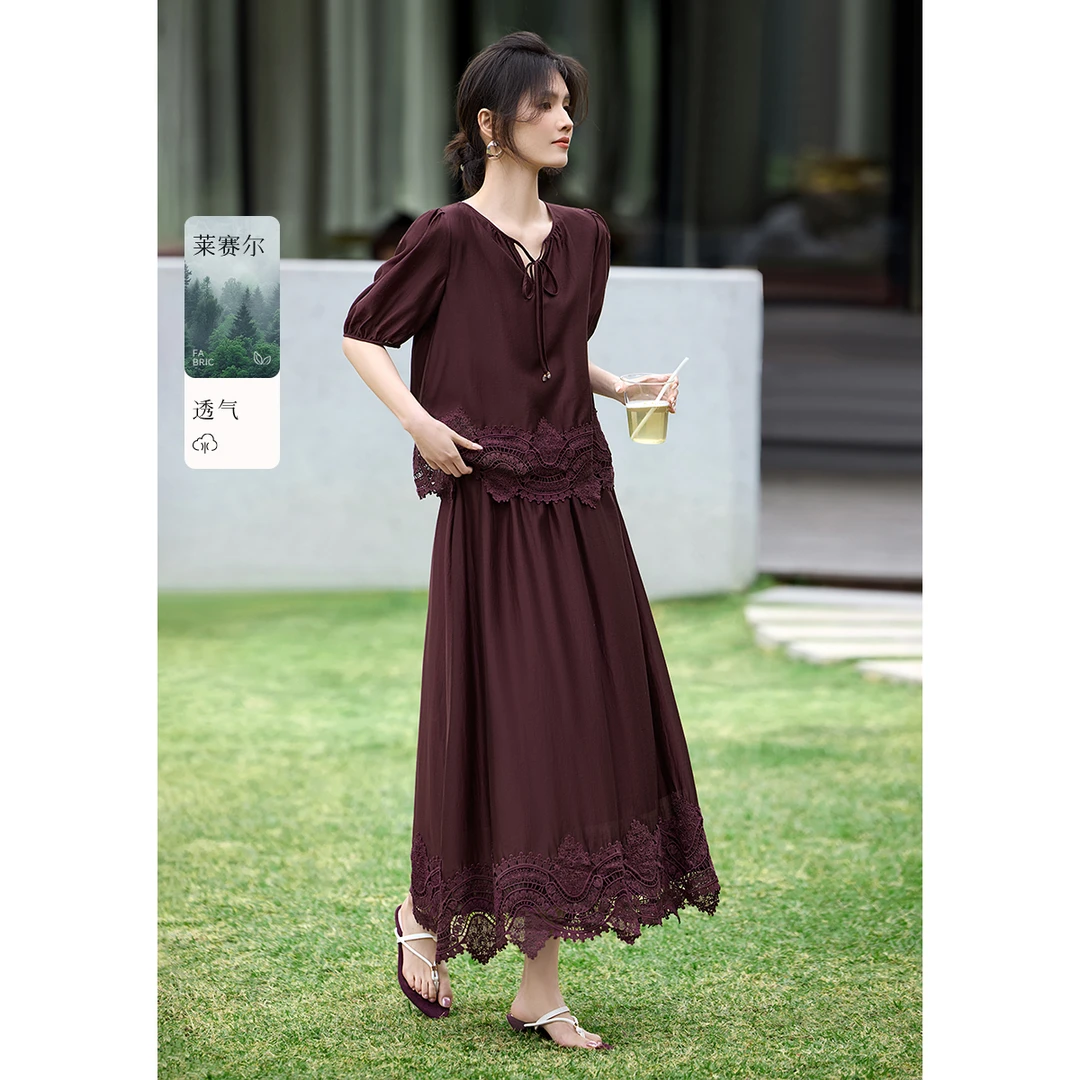 莱赛尔法式拼接花边半身裙套装女夏季慵懒松弛穿搭一整套