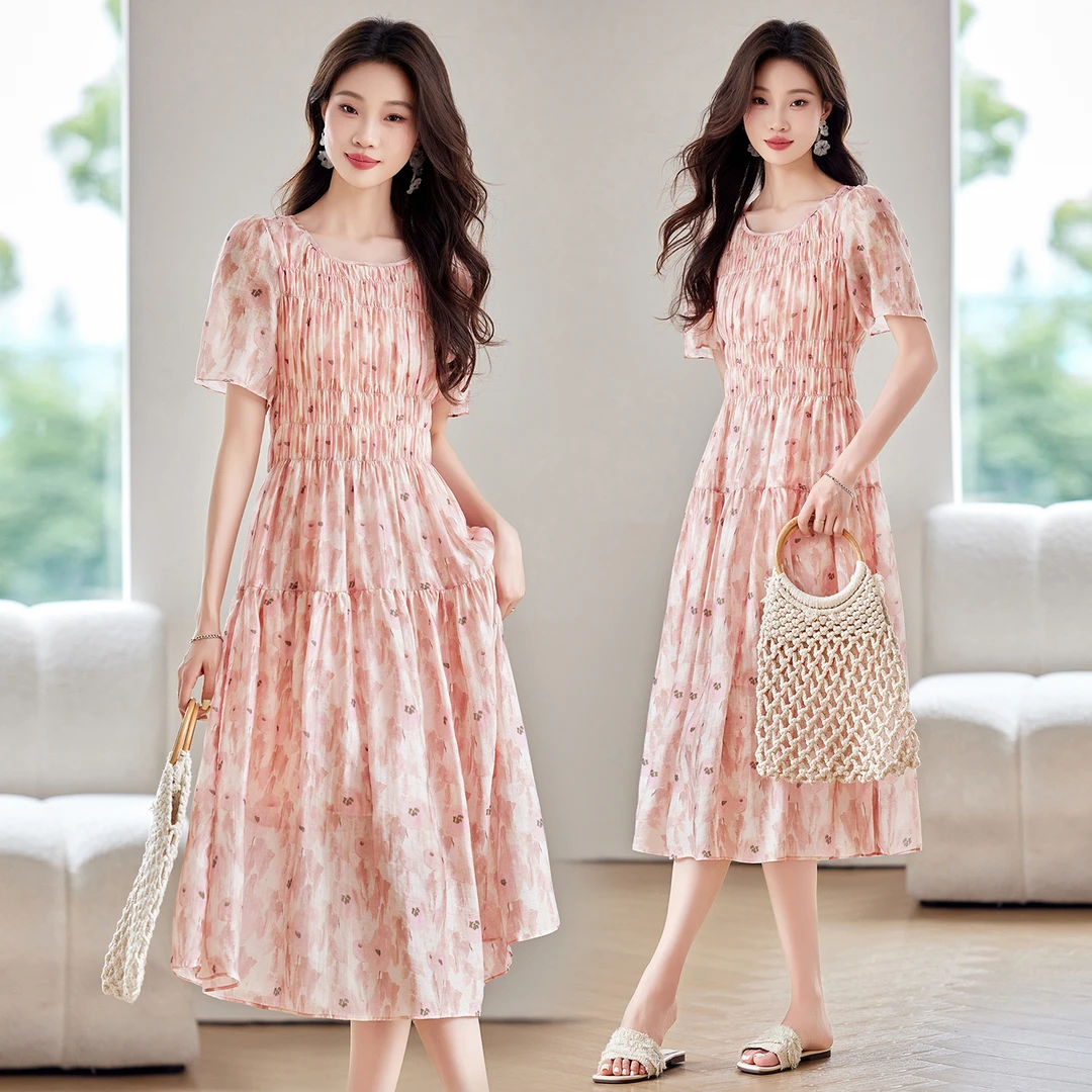 法式碎花气质连衣裙女2025夏季新款高级感收腰遮肚显瘦中长款裙子