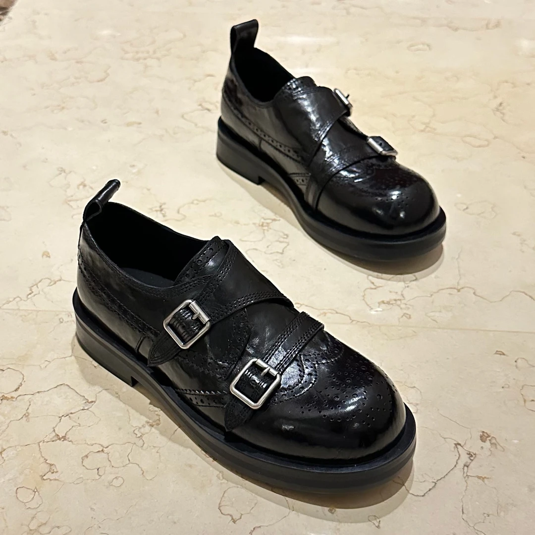 2025春季新款女鞋复古雕花乐福鞋真皮厚底小皮鞋单鞋