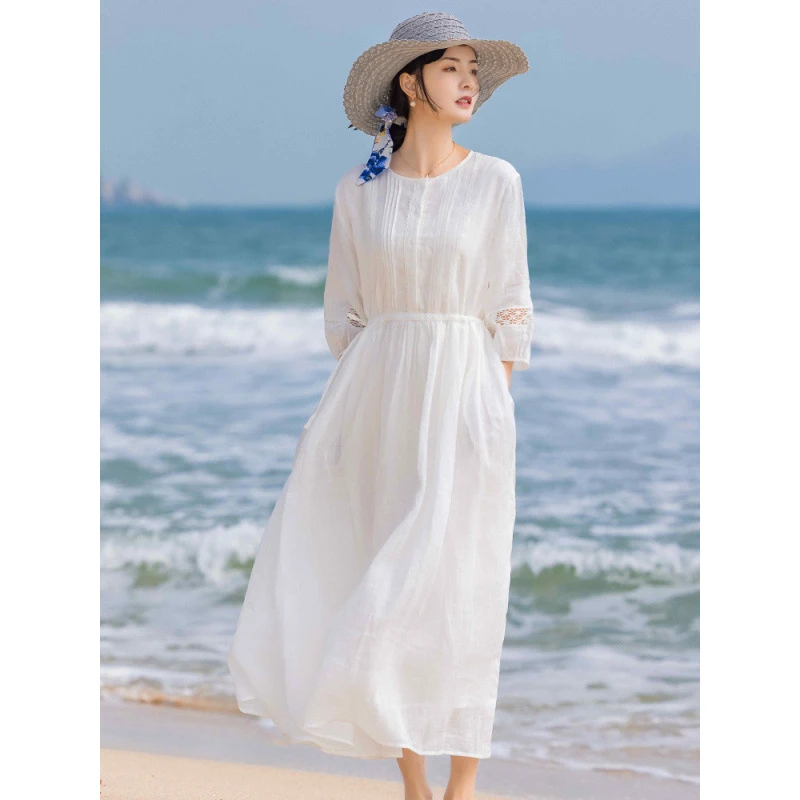 高端苎麻白色连衣裙大码女装2025年夏季通勤复古遮肉宽松天丝长裙