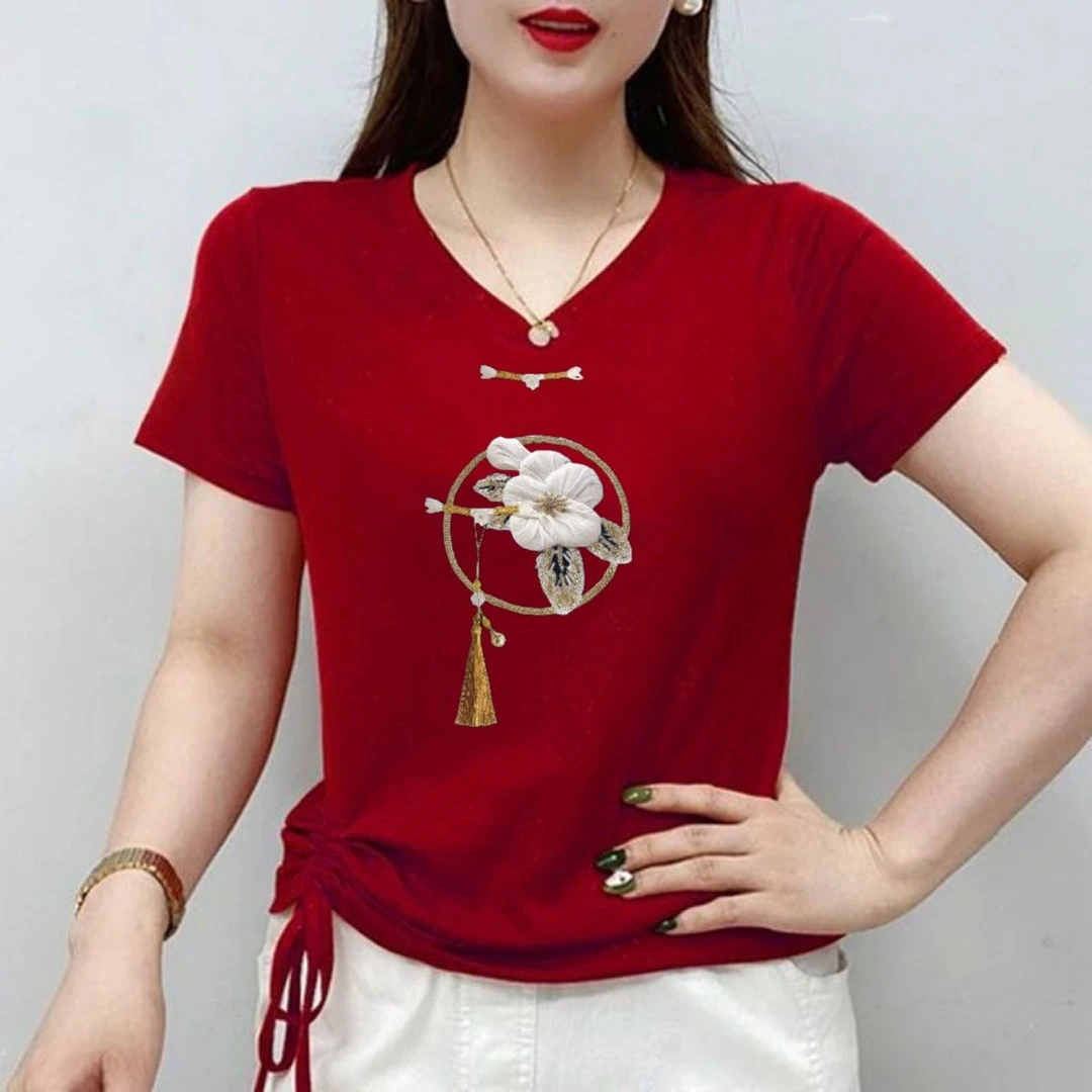 新中式国风大码夏装女士v领抽绳短袖显瘦2025纯棉体恤上衣广场舞