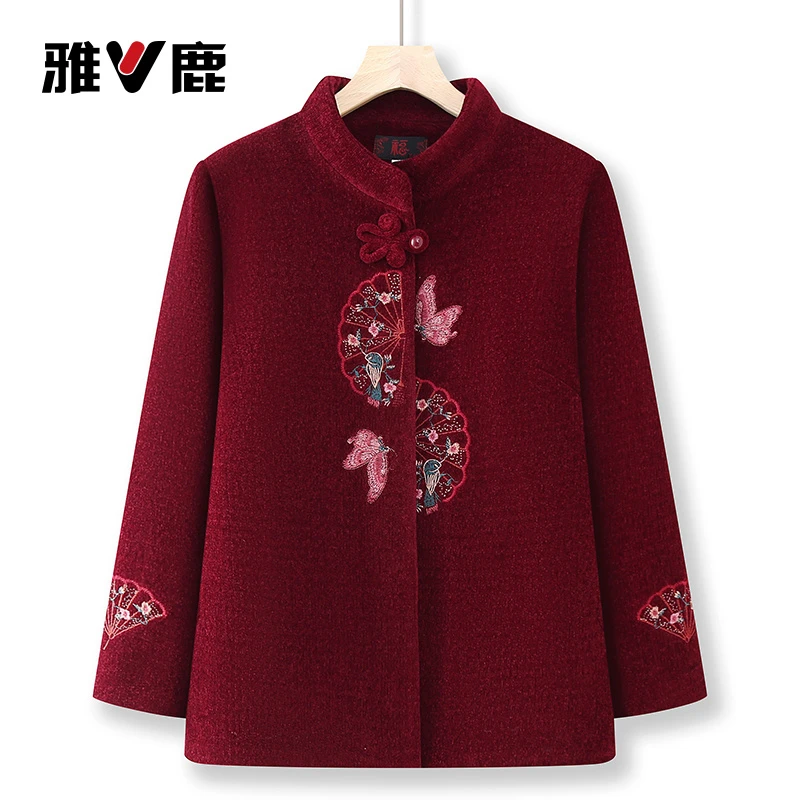 雅鹿中老年人冬装外套女奶奶冬季加绒加厚外套妈妈喜庆唐装老太太