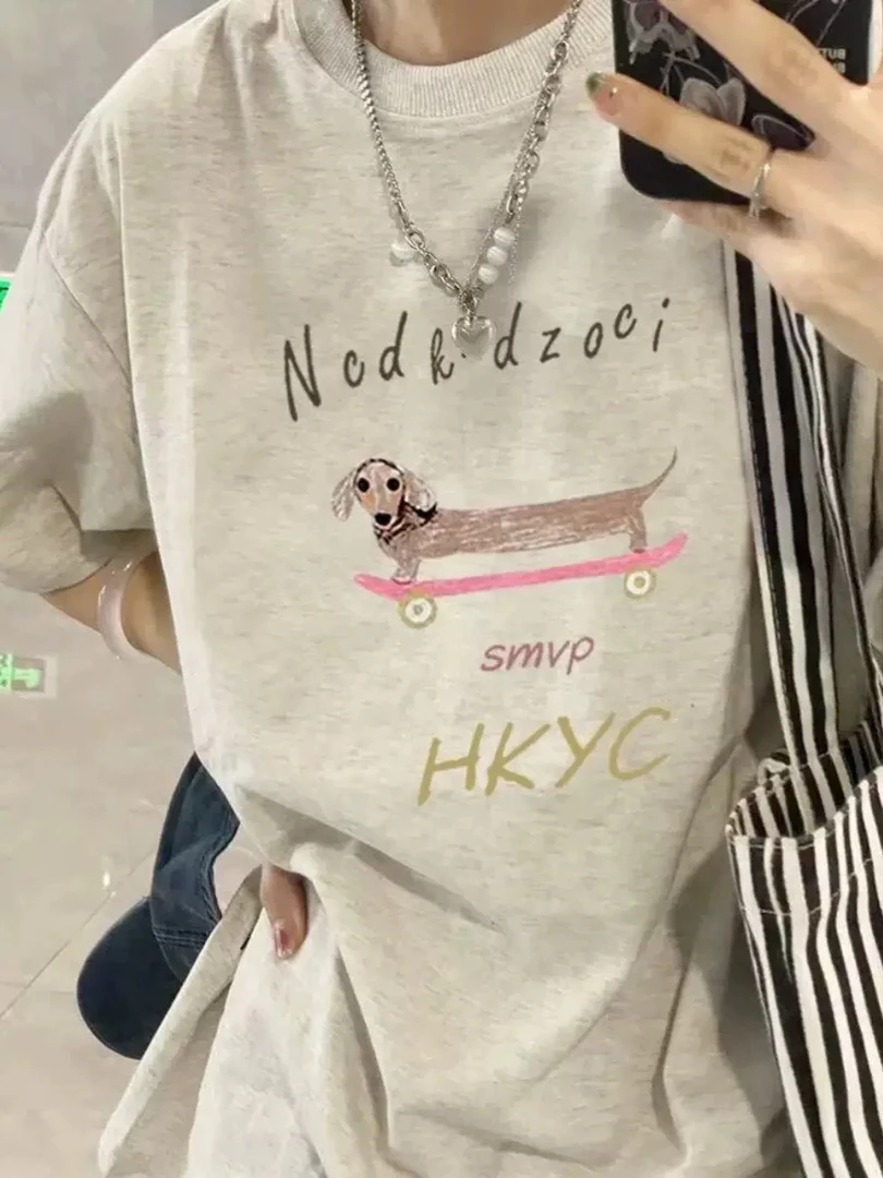 微胖大码全棉胖mm短袖T恤女夏装宽松小众印花腊肠狗正肩显瘦上衣