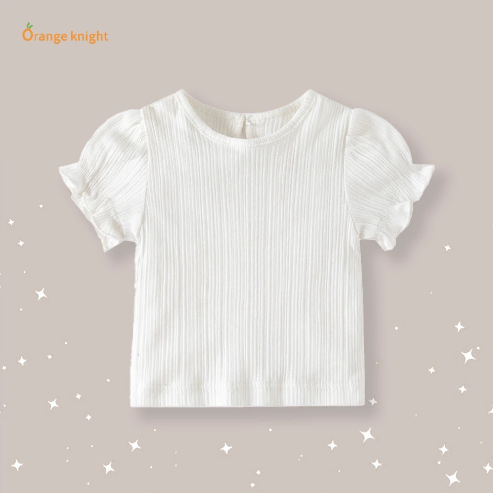 新生儿萌宝透气清凉纯白条纹泡泡袖夏季新款可爱甜美T恤上衣