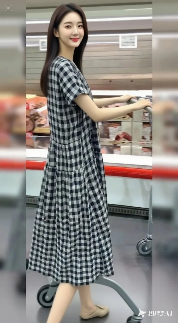 韩版气质V领格子连衣裙女2025夏季新款宽松大码新疆旅游必备裙子