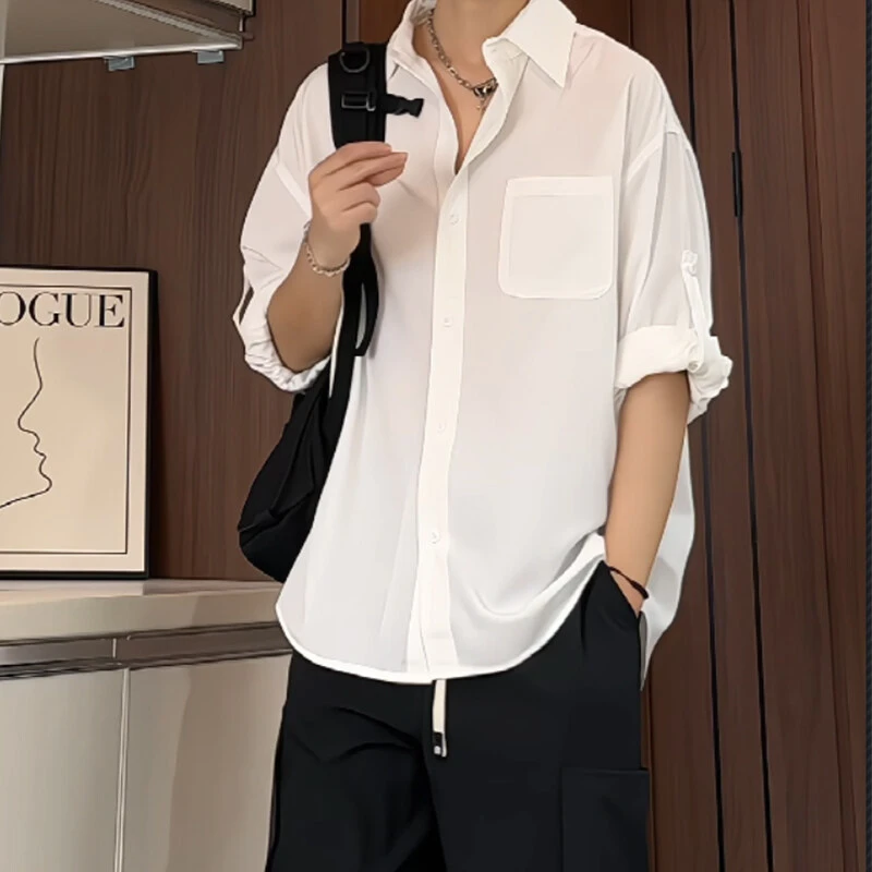 夏季薄款冰丝透气短袖衬衫男女宽松百搭休闲七分袖痞帅衬衣潮