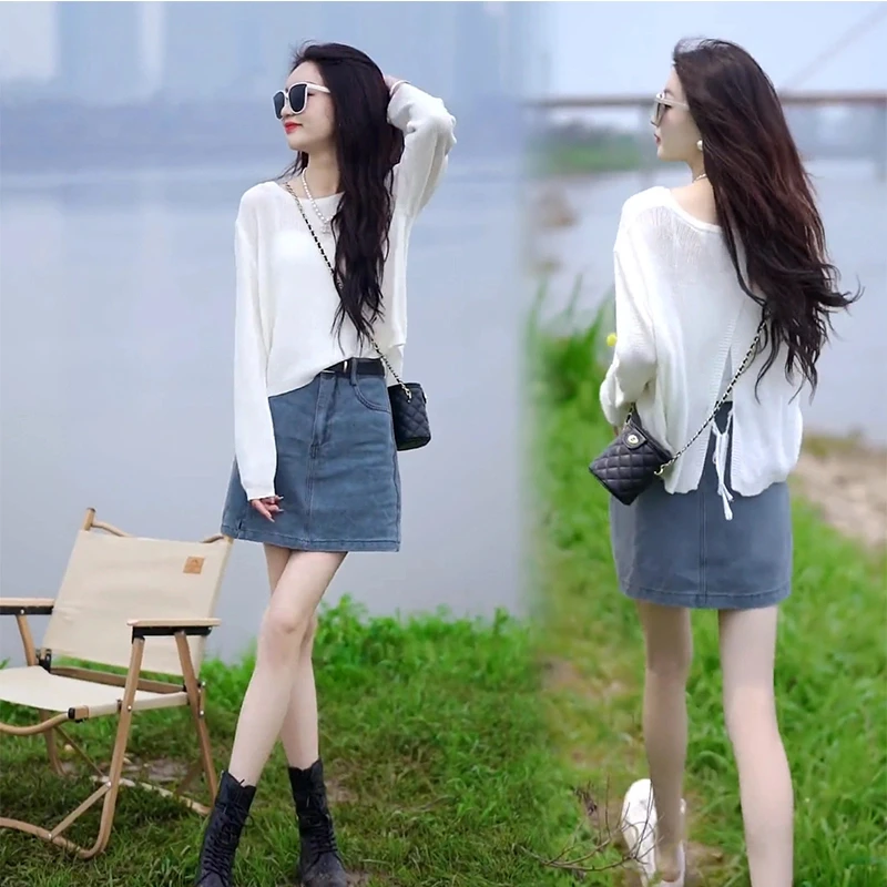 新款半身裙休闲水洗牛仔短裙+简约气质设计感绑带防晒针织衫