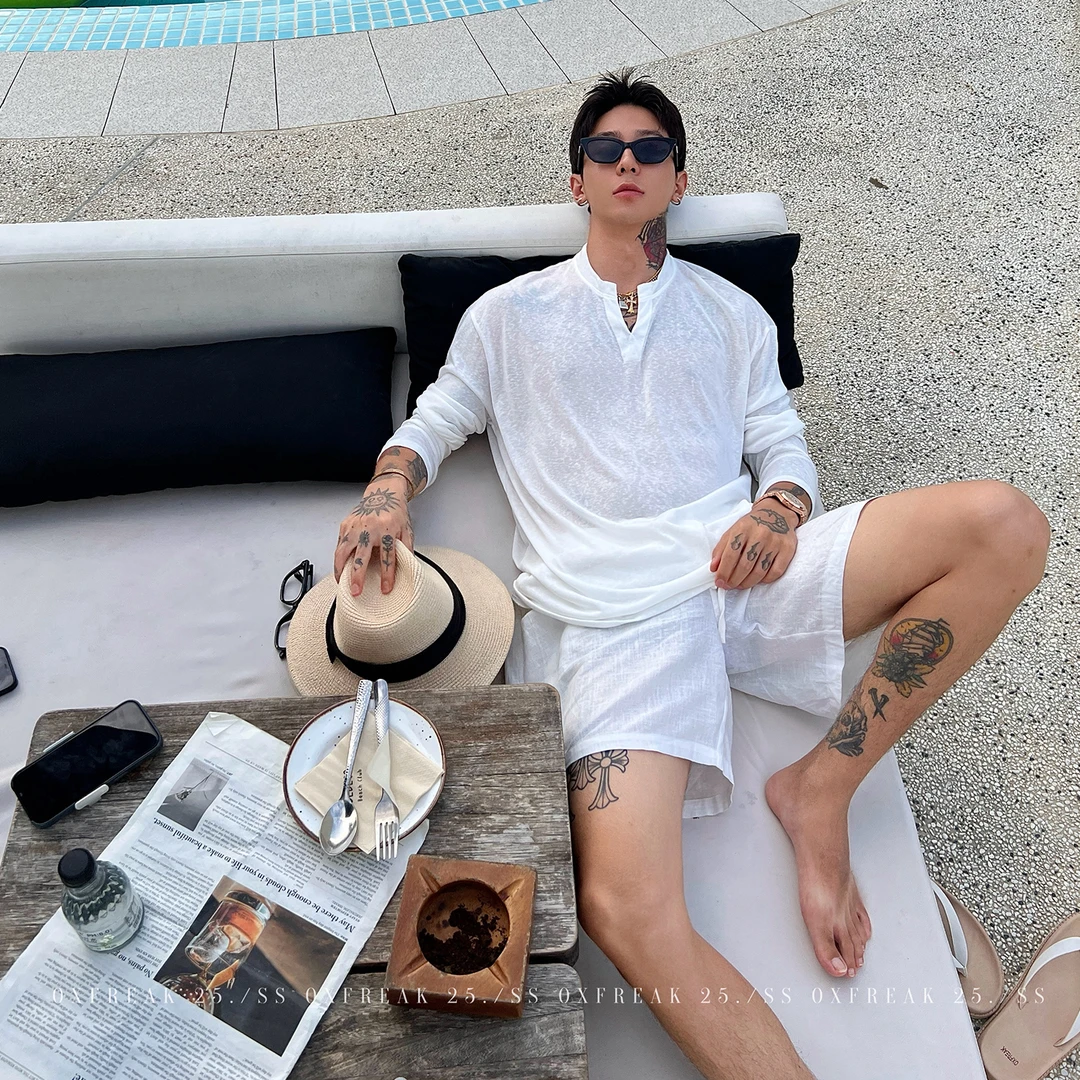 OXFREAK「泳池派对」老钱风天丝v领长袖t恤男夏季薄款内搭打底衫