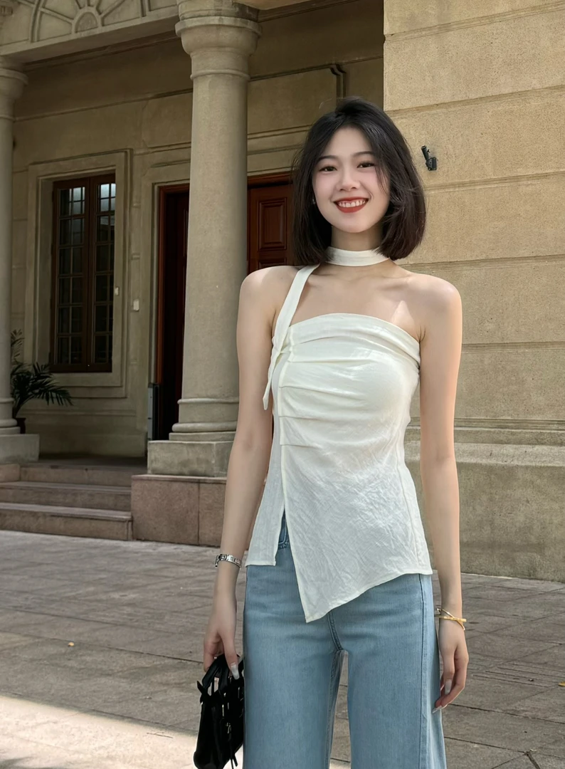 【福桃推荐】夏季新款抹胸设计感飘带显瘦修身上衣