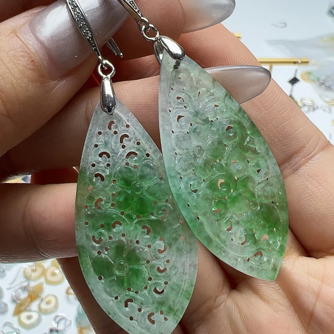 荣***大翡翠银S925镶嵌耳饰天然缅甸A货翡翠