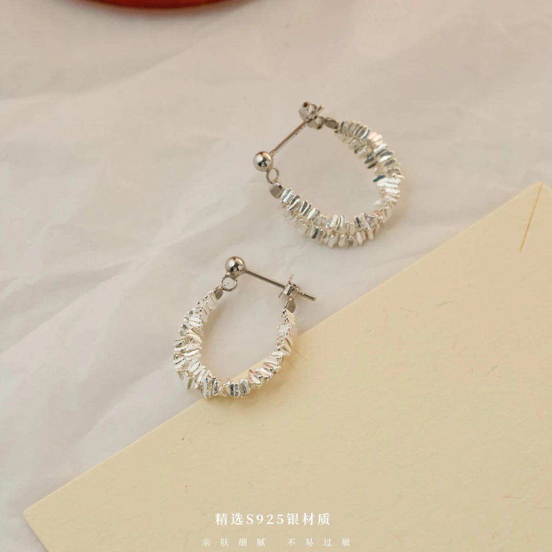 丽沁 925银耳饰 超闪双层碎银耳扣气质百搭轻奢法式简约个性耳圈