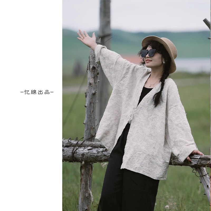 忆绵出品亚麻提花刺绣文艺重工宽松系带慵懒风气质开衫