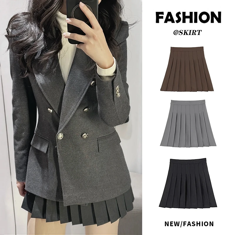 灰色半身百褶裙女秋冬2025新款高腰气质显瘦防走光a字毛呢jk短裙