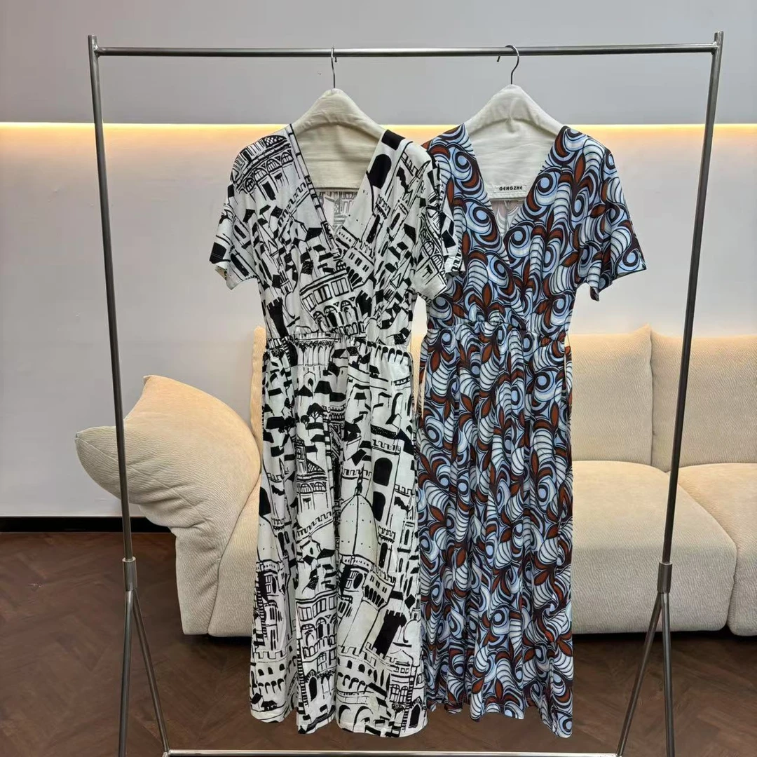 CLYQ2029 意大利客人订单 交叠V领几何印花三色连衣裙