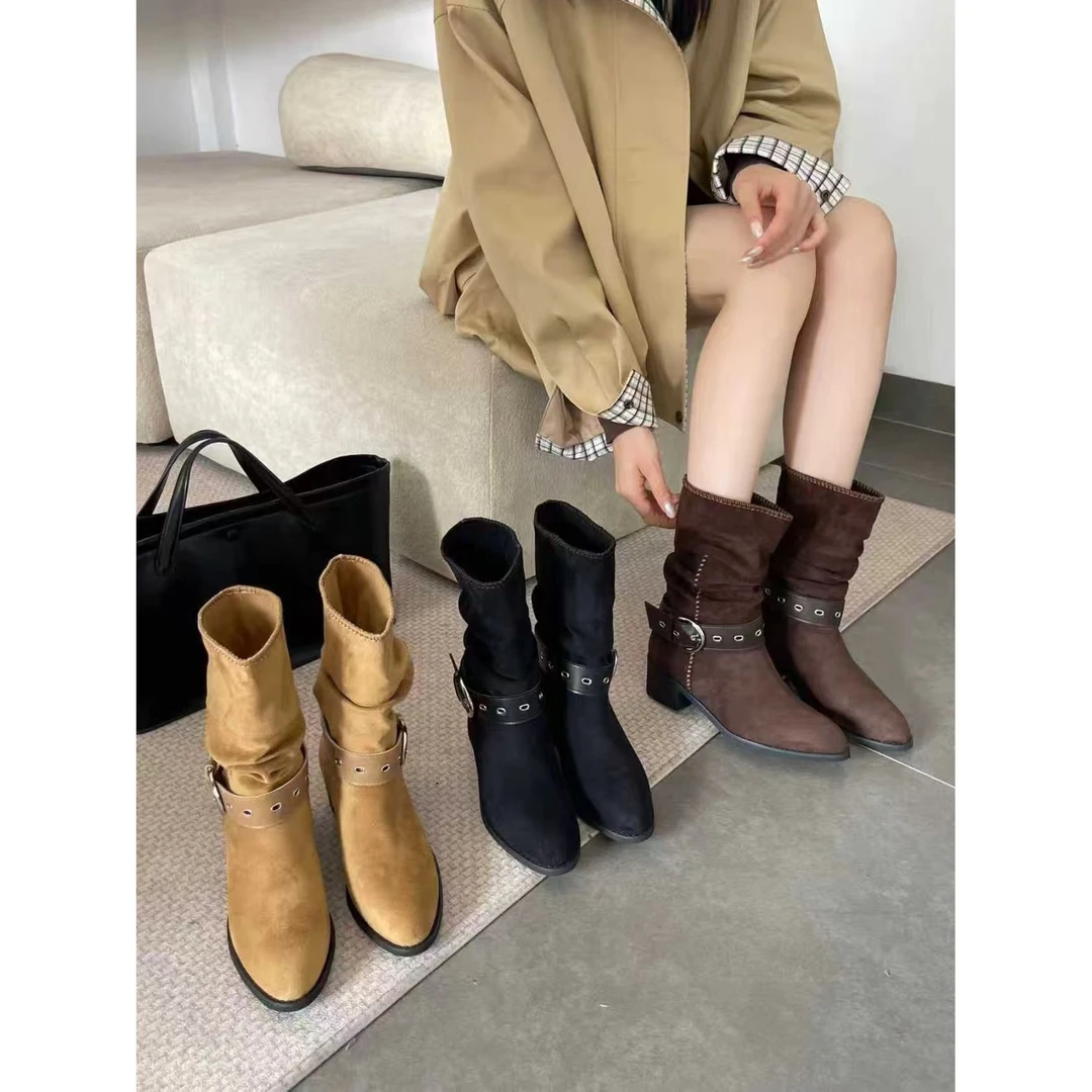 厚底时装靴女新款复古显瘦套筒马丁靴短靴90-8556（不加绒）