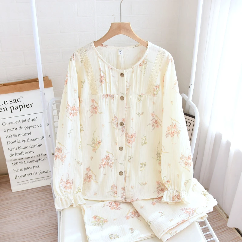 定制款~双层纱睡衣女纯棉春秋长袖圆领宽松吸汗A类全棉家居服套装