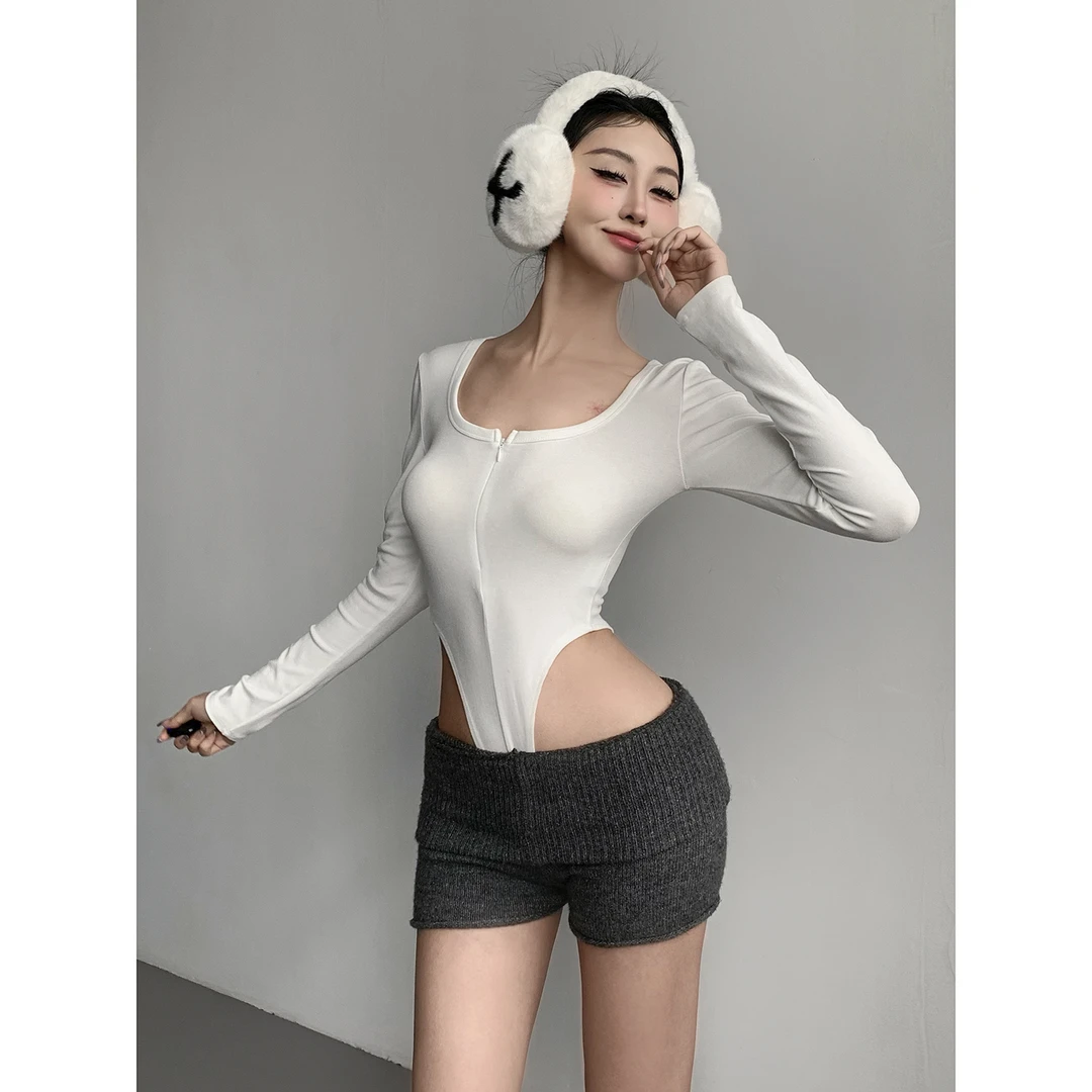 ins辣妹风深U领半拉链长袖连体衣2025春季新款露腰性感T恤打底衫