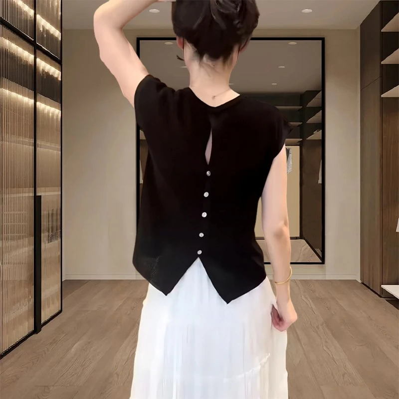 飞飞袖针织短袖女t恤2025新款夏季减龄洋气爆款背后镂空冰丝上衣