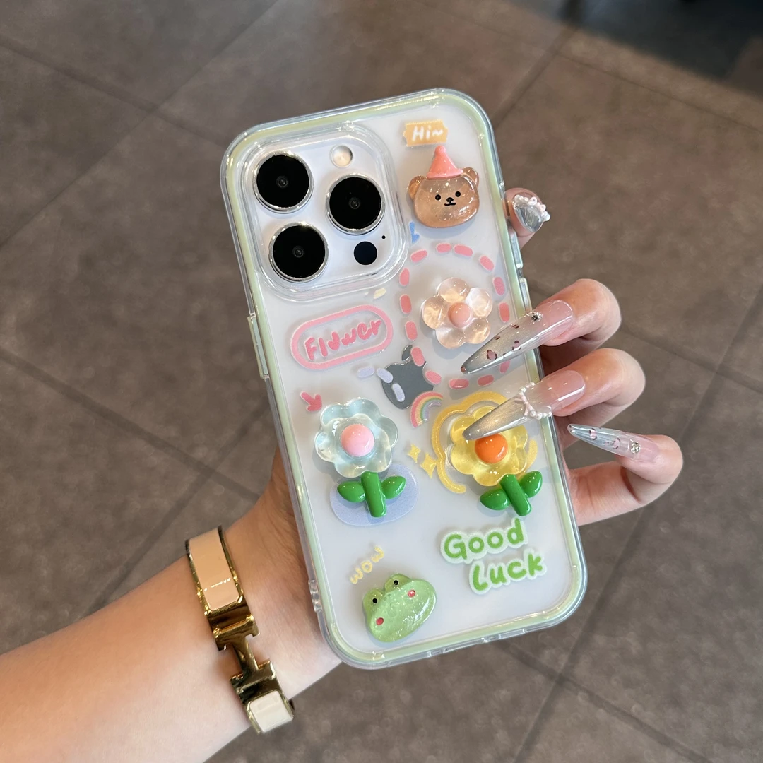 奥菲顿立体青蛙小熊花朵适用苹果16透色手机壳华为vivo小米15oppo