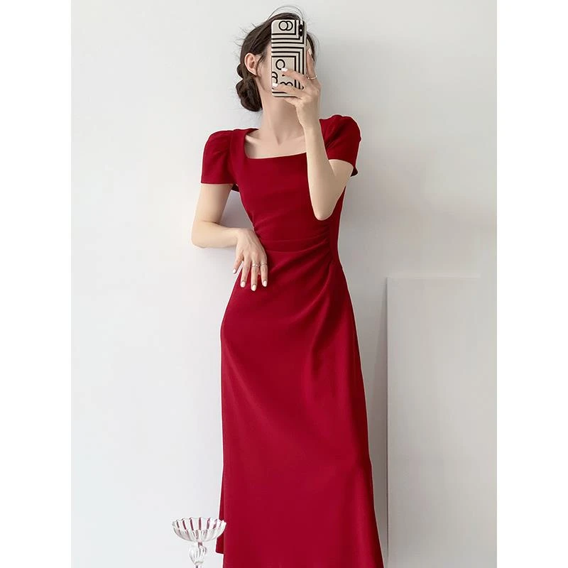 她他百伦红色短袖连衣裙女夏季法式订婚礼服敬酒服平时可穿红裙子