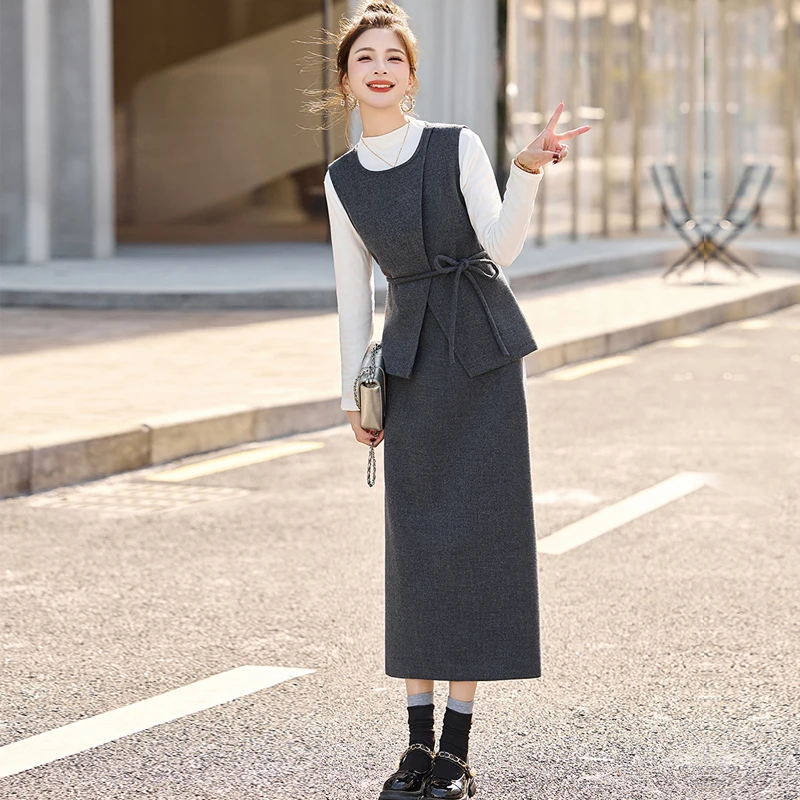 小香风毛呢半身裙收腰马甲两件套女早春减龄搭配一整套气质套装裙